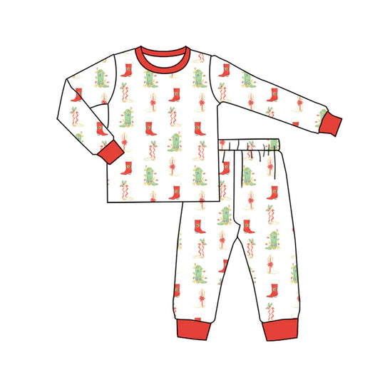 Preorder (moq 5)Baby Boys Long Sleeves Boots Holly Plaid Top Pants Pajamas Sets 6.21