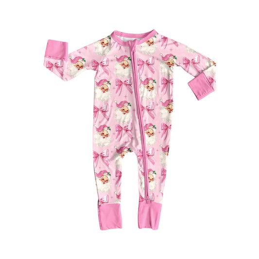 Preorder (moq 5)Baby Girls Pink Long Sleeves Bows Santa Plaid Zipper Rompers 6.5