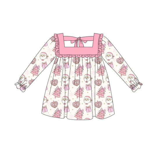 Preorder (moq 5)Baby Girls Long Ruffle Sleeves Santa Trees Knee Length Dresses 6.12