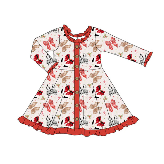 Preorder (moq 5)Baby Girls Long Sleeves Colorful Bows Button Ruffle Knee Length Dresses 5.29