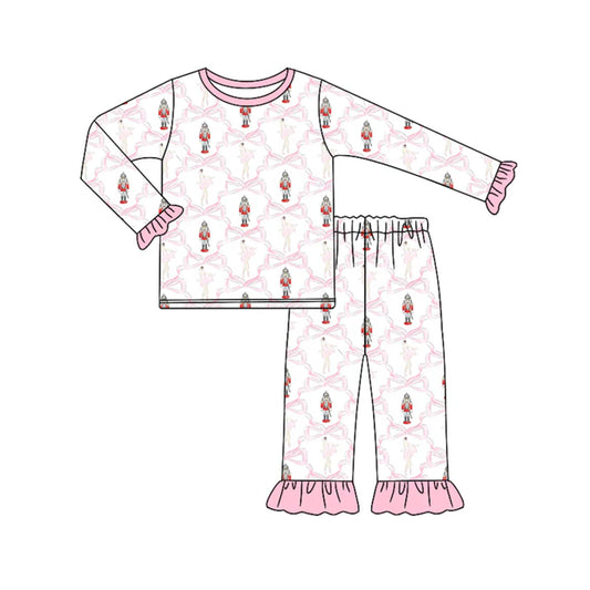 Preorder (moq 5)Baby Girls Long Sleeves Pink Bows Soldier Plaid Top Pant Pajamas Set 6.18
