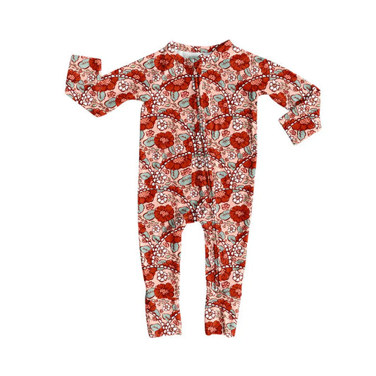 Preorder (moq 8)Baby Girls Red Flowers Checked Valentine Zipper Footie Rompers 9.30