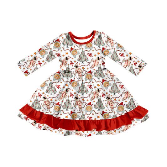 Preorder (moq 5)Baby Girls Long Sleeves Candy Cane Bows Trees Ruffle Knee Length Dresses 7.1