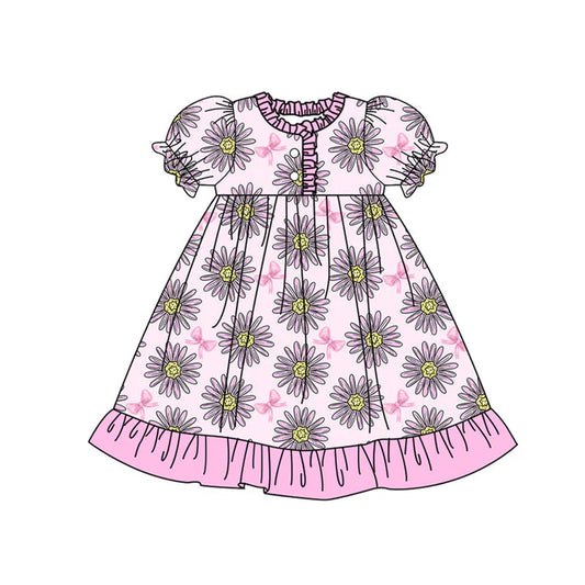 Preorder (moq 8)Baby Girls Pink Sunflowers Bows Button Ruffle Knee Length Dress 9.16