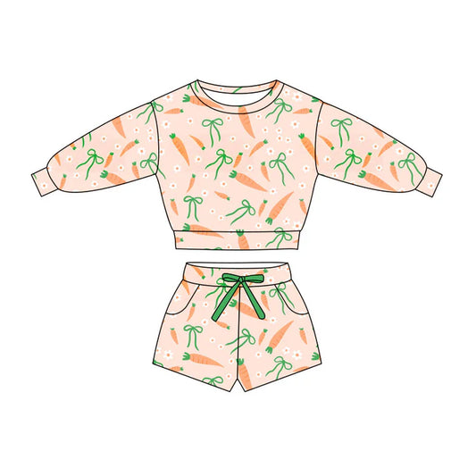 Preorder(moq 5) Baby Girls Carrots Flowers Long Sleeve Top Pockets Shorts Easter Clothes Sets 11.4