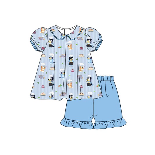 Preorder (moq 5)Baby Girls Blue Short Ruffle Sleeves Cartoon Dogs Tunic Ruffle Short Set 4.25