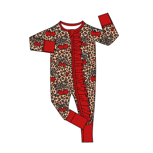 Preorder (moq 5)Baby Girls Red Cheer Bows Leopard Ruffle Zipper Footie Rompers 9.4