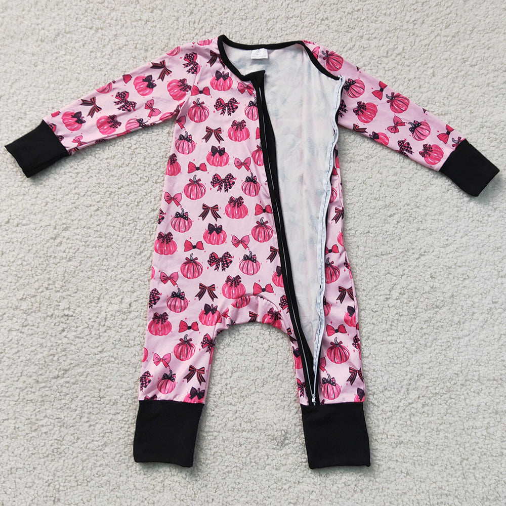 Baby Girls Rompers Pink Bows Pumpkins Fall Two Way Zip Convertible Rompers LR3069