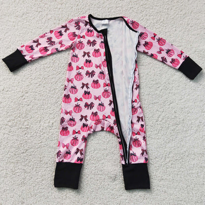 Baby Girls Rompers Pink Bows Pumpkins Fall Two Way Zip Convertible Rompers LR3069