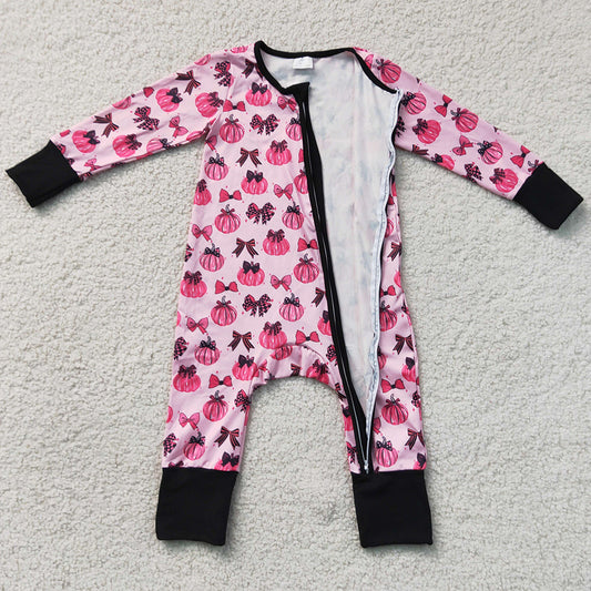 Baby Girls Rompers Pink Bows Pumpkins Fall Two Way Zip Convertible Rompers LR3069