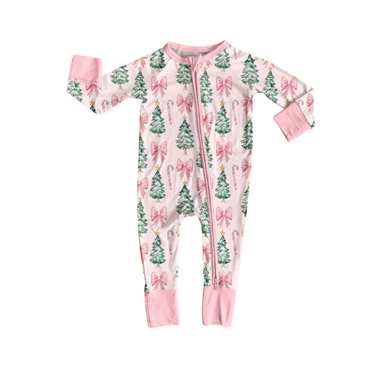 Preorder (moq 5)Baby Girls Long Sleeves Pink Bows Trees Candy Cane Zipper Rompers 5.28