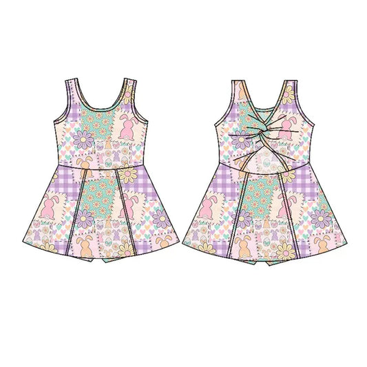 Preorder(moq 5) Baby Girls Sleeveless Rabbits Flowers Checked Easter Shorts Knee Length Dresses 10.28