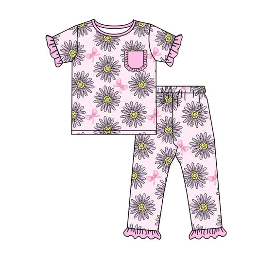 Preorder (moq 8)Baby Girls Pink Sunflowers Mamas Mini Top Ruffle Pants Pajamas Sets 9.16