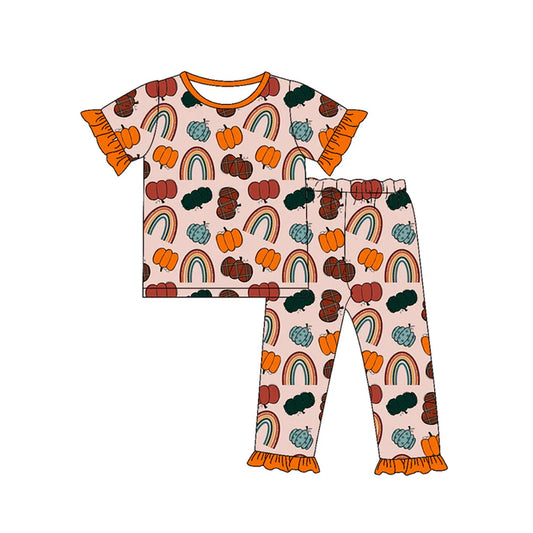 preorder(MOQ 5)Baby Girls Short Ruffle Sleeves Pumpkins Rainbows Top Pants Pajamas Set 5.10