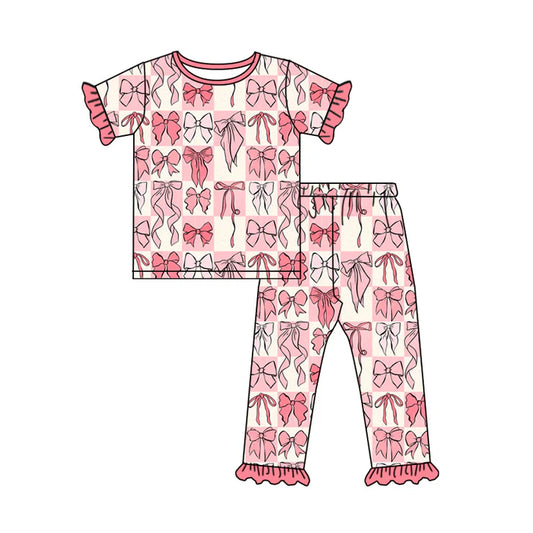 Preorder moq 5 Baby Girls Pink Short Ruffle Sleeves Bows Plaid Top Pant Pajamas Set 5.8