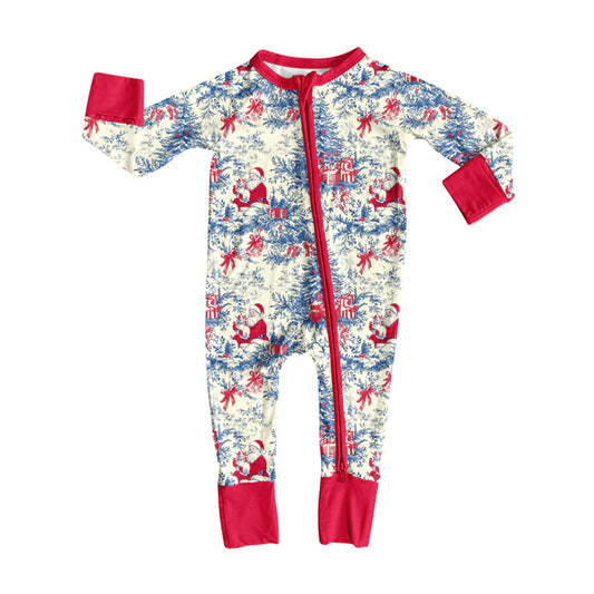 Preorder(moq 5)Baby Girls Red Santa Floral Plaid Zipper Pant Rompers 7.26
