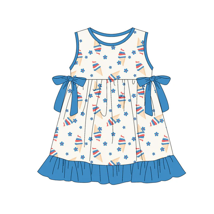 Preorder (moq 5)Baby Girls Flowers Ice Creams Bows 4th of July Ruffle Knee Length Dresses 12.30