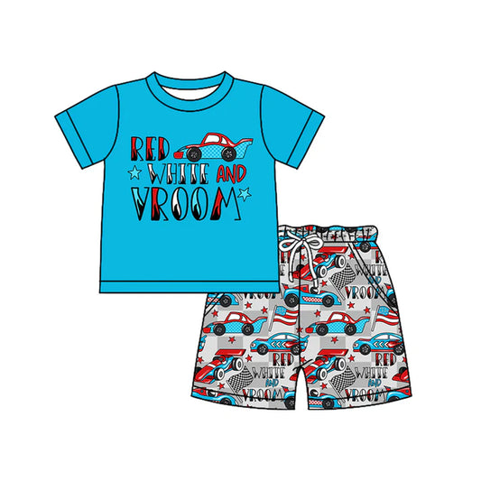 Preorder moq 5 Baby Boys Blue Short Sleeves Cars Stars Top Pocket Shorts 4th Of July Set 4.14