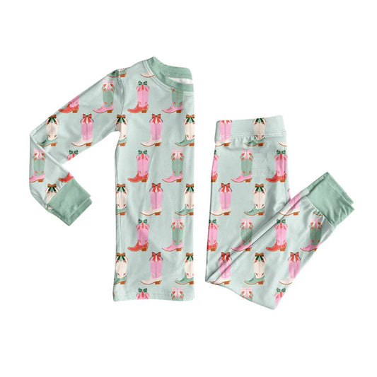 Preorder(moq 8)Baby Girls Green Pink Bows Boots Top Pants Western Pajamas Set 10.1