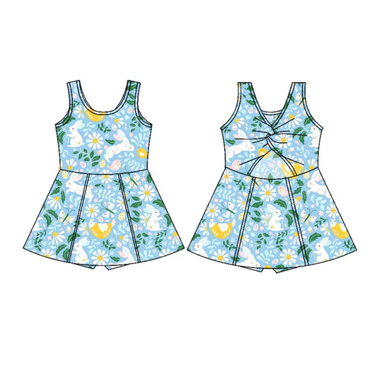 Preorder(moq 5) Baby Girls Sleeveless Rabbits Flowers Easter Shorts Knee Length Dresses 10.28