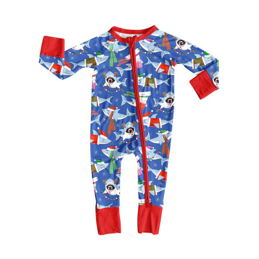 Preorder (moq 8)Baby Girls Hats Sharks Christmas Zipper Footie Rompers 10.1