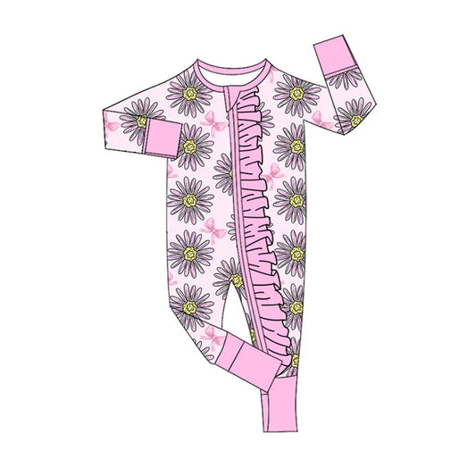 Preorder (moq 8)Baby Girls Pink Sunflowers Bows Ruffle Zipper Footie Rompers 9.16
