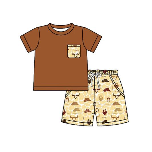 Preorder moq 5 Baby Boys Brown Short Sleeves Pocket Top Bull Skull Hats Short Set 4.17