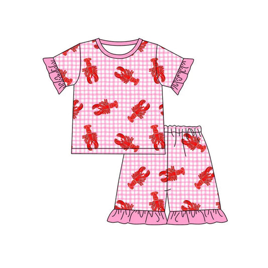 Preorder(moq 5) Baby Girls Pink Checked Short Sleeve Crayfishes Top Ruffle Shorts Clothes Set 11.4