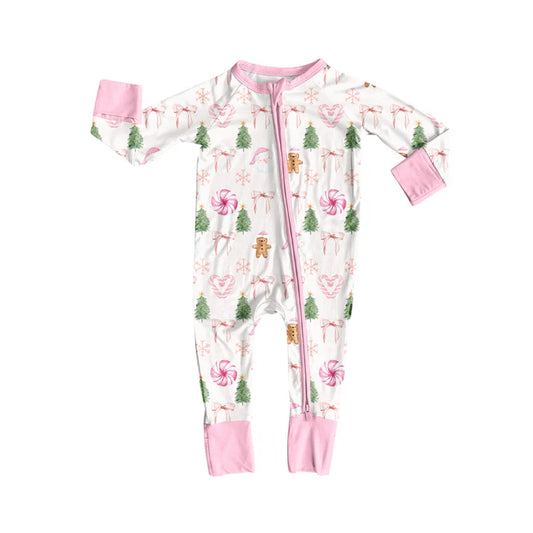 Preorder (moq 5)Baby Girls Long Sleeves Pink Bows Gingerbread Trees Zipper Romper 7.2
