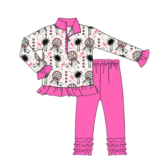preorder(moq 5) Baby Girls Long Sleeves Pink Windmills Beach Zipper Top Legging Pants Set 7.25