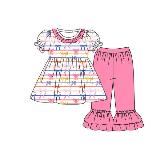 Preorder (moq 8)Baby Girls Colorful Bows Stripe Tunic Ruffle Pants Clothes Set 9.15
