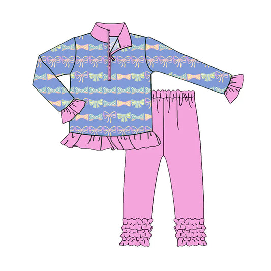 Preorder(moq 5) Baby Girls Pink Colorful Bows Zip Pullover Top Legging Boutique Outfits Sets 8.7