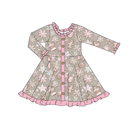 Preorder (moq 5)Baby Girls Long Ruffle Sleeves Gingerbread Snowflake Knee Length Dresses 6.3