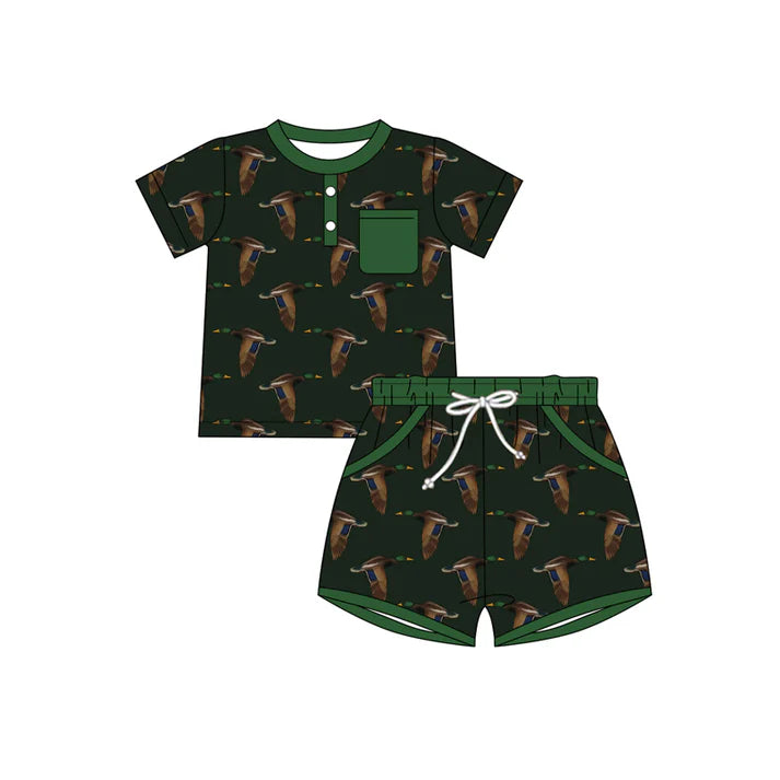 Preorder (moq 5)Baby Boys Green Ducks Button Top Pockets Shorts Hunting Clothes Sets 11.27