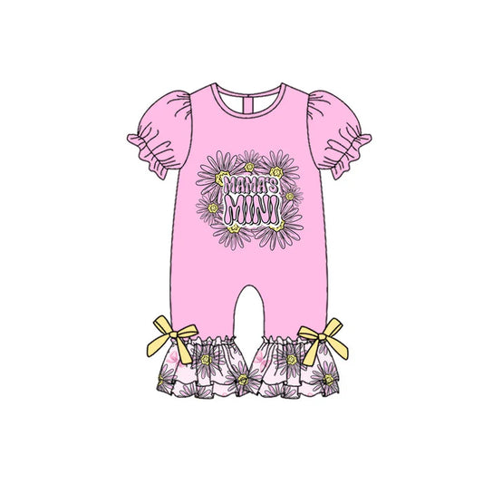 Preorder (moq 8)Baby Girls Pink Sunflowers Bows Mamas Mini Ruffle Footie Rompers 9.16