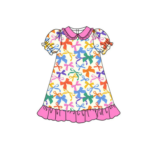 Preorder(moq 5) Baby Girls Short Sleeve Colorful Bows Collar Ruffle Knee Length Dresses 11.11