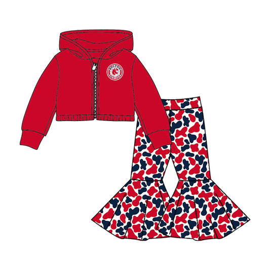 Preorder moq 5 Baby Girls Clothes Red hooded shirt bell bottom pants sets 8.16
