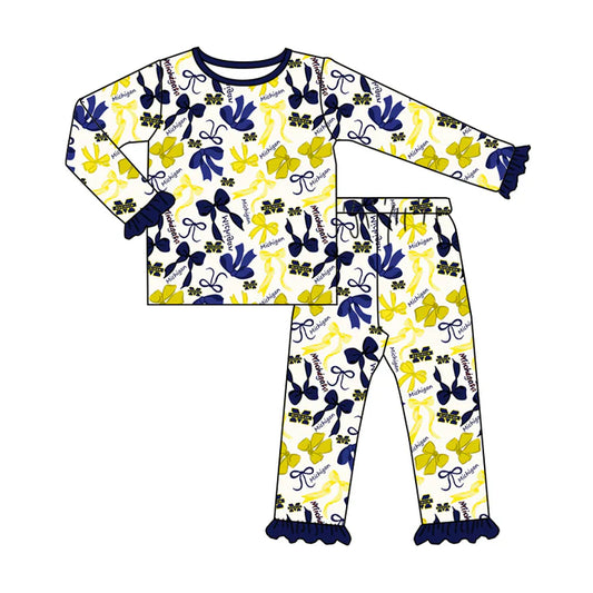 Preorder MOQ 5 Long sleeves M navy yellow bow kids girls team pajamas 8.25