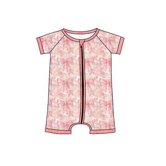 Preorder (moq 5)Baby Girls Short Sleeves Peach Camo Bows Zipper Shorts Romper 6.13