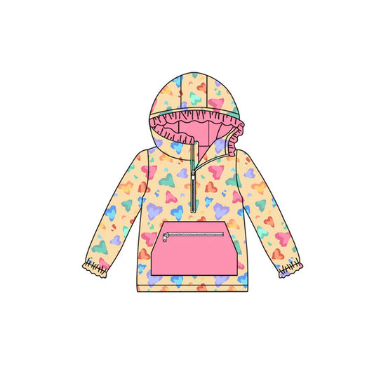Preorder (moq 8)Baby Girls Colorful Hearts Pocket Zipper Ruffle Hoodies Top 9.11