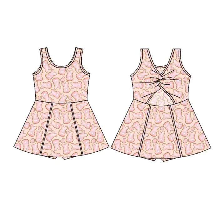Preorder(moq 5) Baby Girls Sleeveless Pink Rabbits Hearts Easter Shorts Knee Length Dresses 10.28