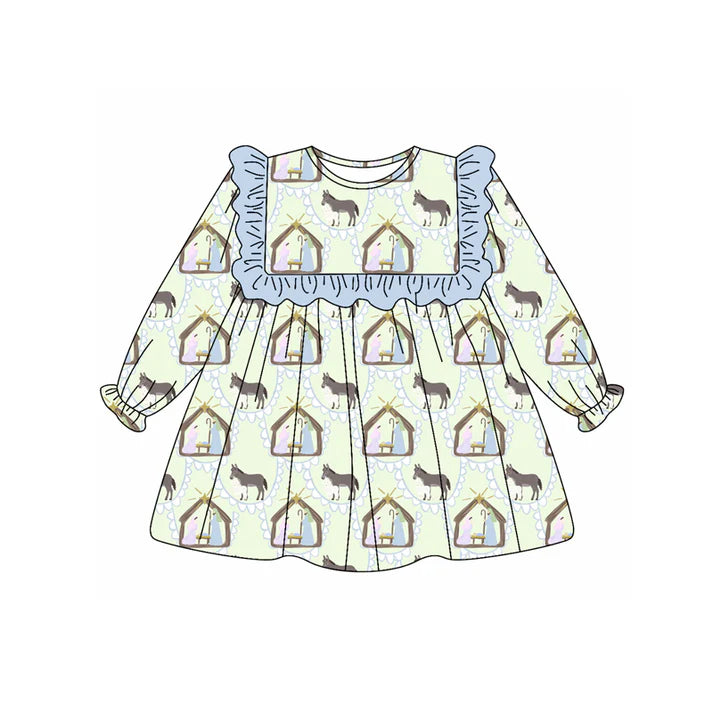 Preorder (moq 5)Baby Girls Blue Long Ruffle Sleeves Donkey Jesus Plaid Knee Length Dresses 5.20