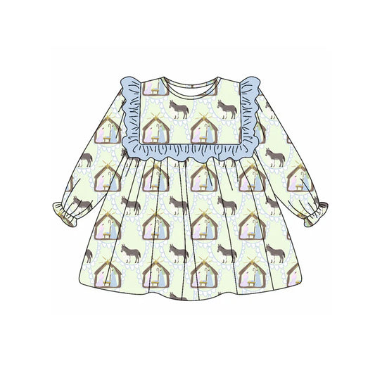 Preorder (moq 5)Baby Girls Blue Long Ruffle Sleeves Donkey Jesus Plaid Knee Length Dresses 5.20