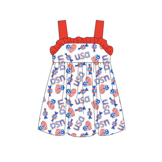Preorder moq 5 Baby Girls Strap Blue Red Flag Hearts Candy 4th Of July Knee Length Dresses 4.22
