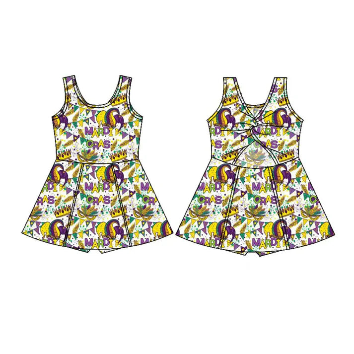 Preorder(moq 5) Baby Girls Sleeveless Mardigras Masks Crowns Shorts Knee Length Dresses 10.28
