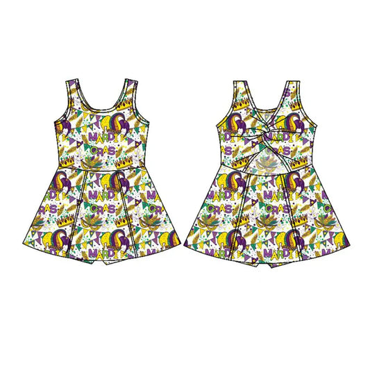 Preorder(moq 5) Baby Girls Sleeveless Mardigras Masks Crowns Shorts Knee Length Dresses 10.28