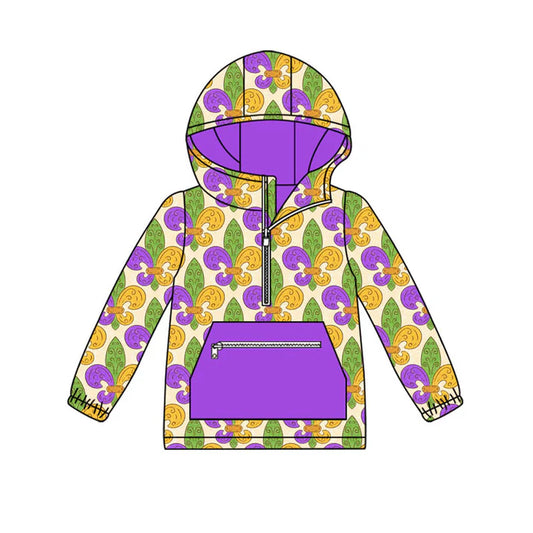 Preorder (moq 8)Baby Boys Purple Yellow Green Pocket Zipper Mardigras Hoodies Top 9.10
