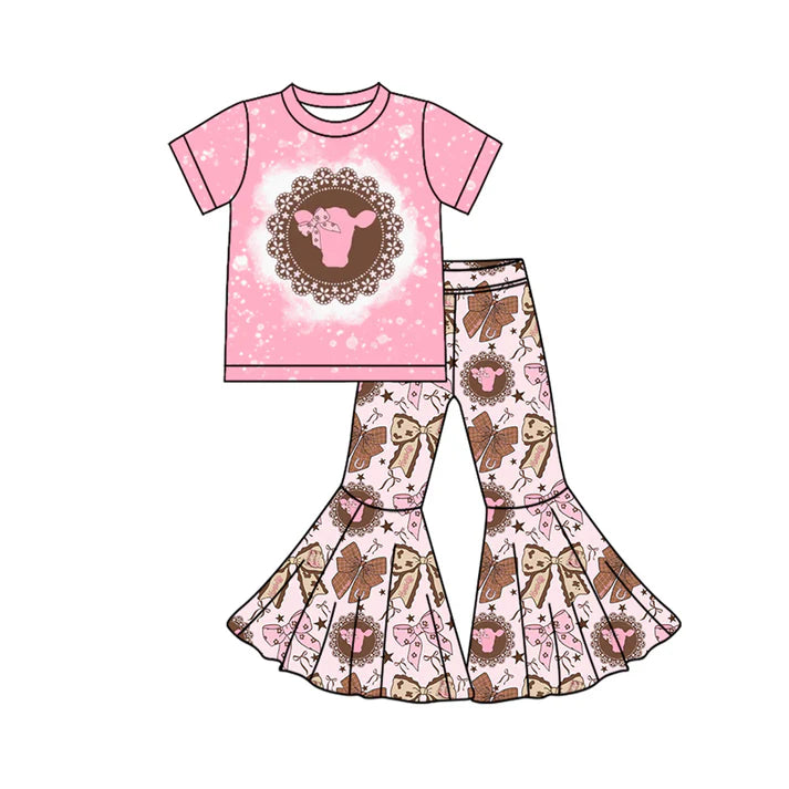 Preorder (moq 5)Baby Girls Pink Highland Cows Bows Top Bell Bottom Pants Western Clothes Sets 12.6