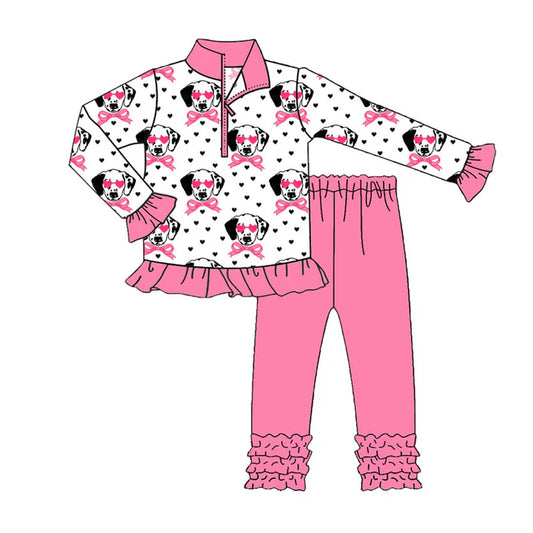 Preorder (moq 5)Baby Girls Valentine Hearts Dogs Bows Zipper Pullover Ruffle Leggings Clothes Sets 9.6