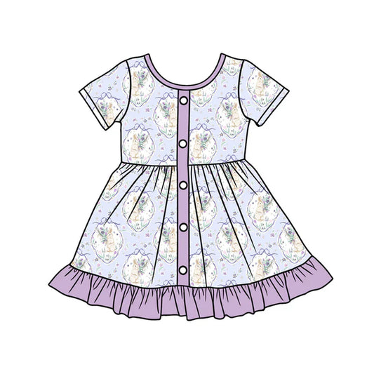 Preorder (moq 5)Baby Girls Flower Rabbits Easter Button Ruffle Knee Length Dresses 1.13
